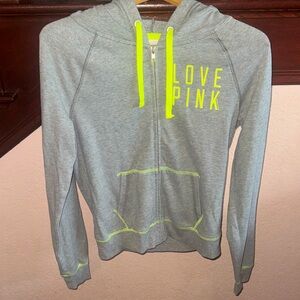 PINK Victoria's Secret Gray Hoodie Zip Up Neon Yellow Details Womens Size Small.